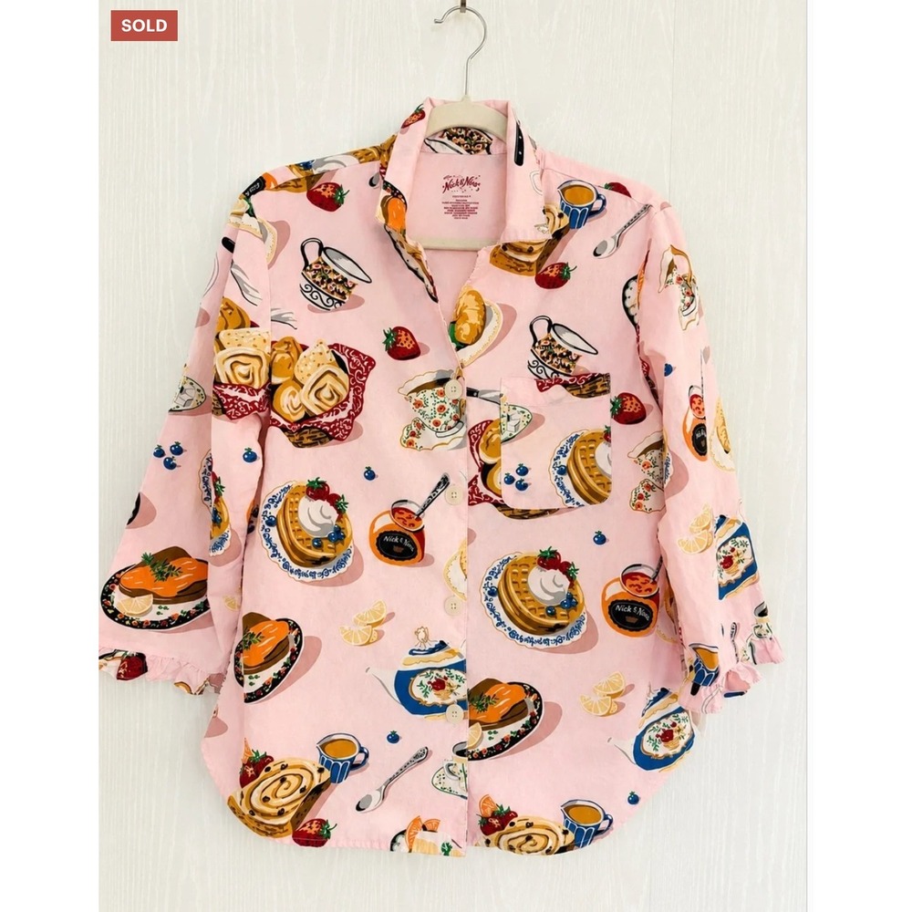 Nick & Nora Pajama Top Small Pink Cotton Breakfast Tea Print Button Down Shirt
